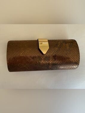 Bronze Reptile Textured  Leather Clutch with Gold Accent